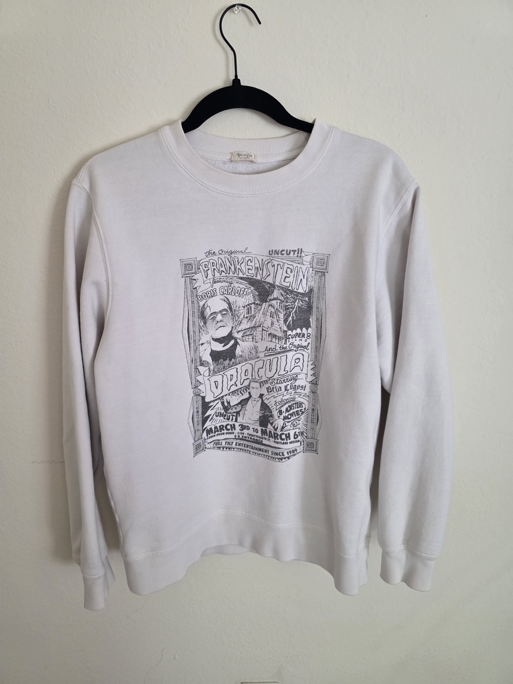 White Graphic Crewneck Sweatshirt - Frankenstein & Dracula Design